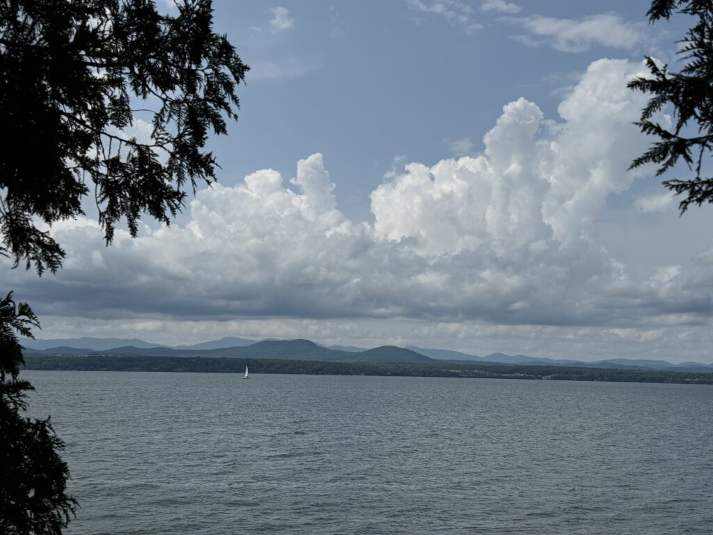 Lake view with clouds and distant mountains.